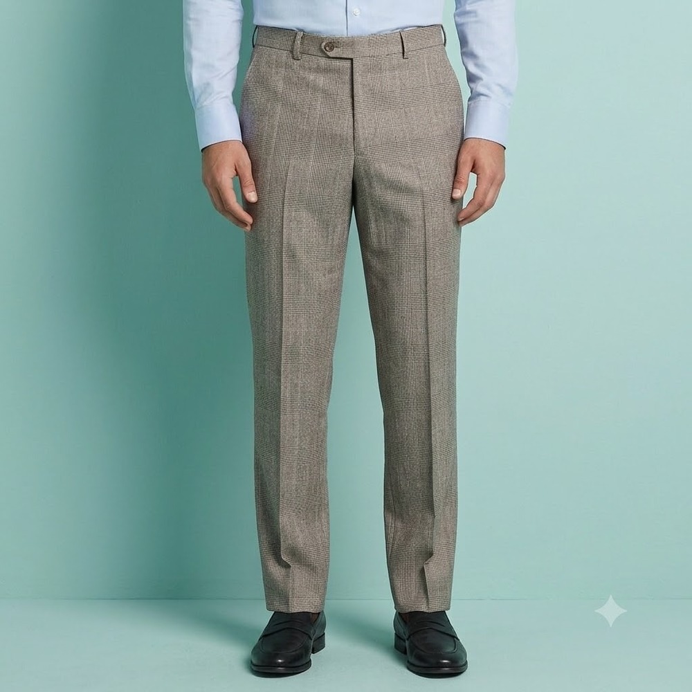 Stafford Signature Dress Pants Men 36x29 Brown Plaid 100% Wool Slim Fit